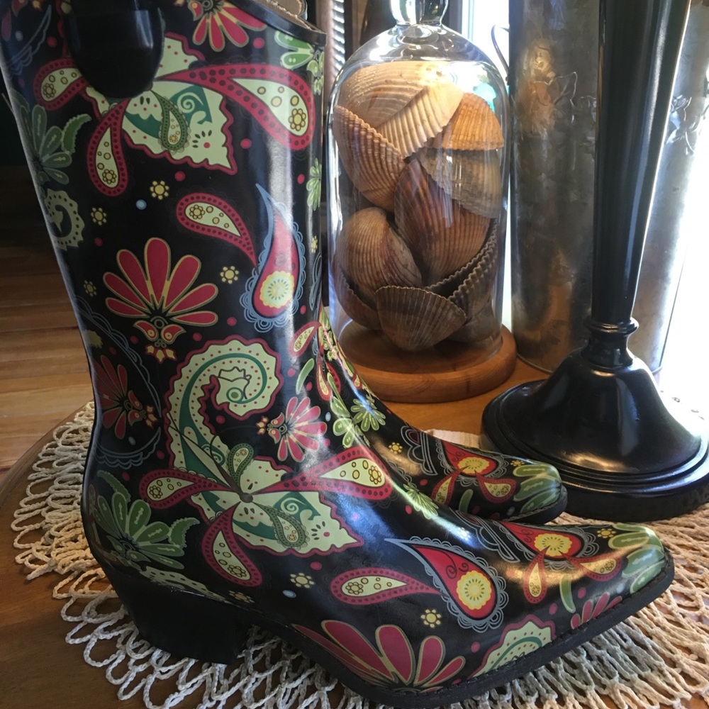 Corkeys Rain Cowboy Boots-Rubber Sz 9 Gypsy Flower